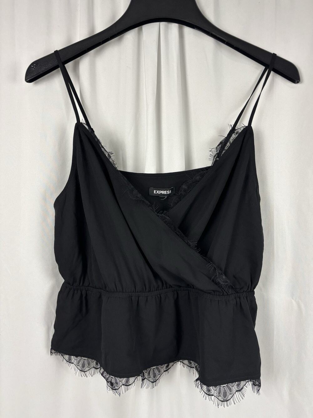 Express Women’s S Lace Trim Tank Top Black Spaghetti Strap Peplum Y2K Whimsygoth